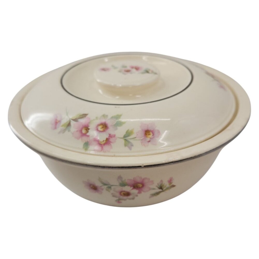 Homer Laughlin Kitchen Kraft Virginia Fluffy Rose Platinum Trim Round Casserole